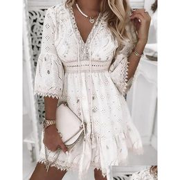 Basic Casual Dresses White Lace Dress Women V Neck Up Female Patchwork Three Quarter Sleeve Vacation Beach Ladies A-Line Party Drop De Otr9Y