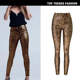 Women's Jeans European And American High Waisted Autumn Winter Gold Snake Patterned PU Leather Pants Women Denim Leggings