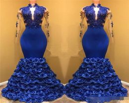 Royal Blue Black Girls Mermaid Evening Dresses Long Sleeves Lace Applique Keyhole Neck Prom Dresses 3D Rose Flowers Pageant Gowns3847857