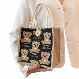 women Cute Bear Pattern Shoulder Bag Flax Girl Student Handbag Mini Outdoor Handbag Casual Lunch Bag Underarm bag N5T7#