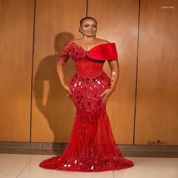 Party Dresses Aso Ebi Red Prom Gorgeous Off Shoulder Beaded Sheer Long Sleeves Plus Size Evening Gowns See Through Mermaid Dress