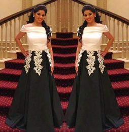 Saudi Arabic Black White Prom Dresses Off The Shoulder Lace Appliques Evening Gowns Satin A Line Formal Party Dress Custom Made6185294