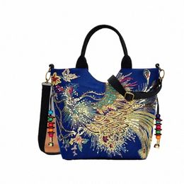 women Shoulder Bag Handmade Shiny Peacock Embroidered Bohemia Handbag Retro Large Capacity Canvas Tote Shop Menger Purse l5J8#