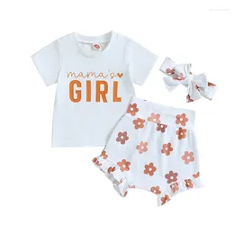 Clothing Sets 2024 0-24M Baby Girls Sweet Outfits Letter Print Short Sleeve T-Shirt And Elastic Floral Shorts Headband Set Summer Clothes