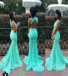 Graceful Turquoise Lace Mermaid Prom Dresses 2016 V Neck Backless Evening Gowns See Through Lace Sweep Train Formal Party Dresses2464641