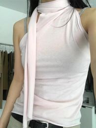 Women's Tanks Korean Fashion Stand Collar Lace Up Tank Top Y2k E-Girl Slim Fit Sleeveless Tops 2024 Summer Bottoming Vest For Women