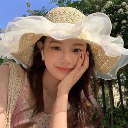 Wide Brim Hats Korea Women Lace Pearl Straw Hat Summer Large Holiday Sun For Adult Sunscreen Casual Cap Beach