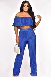 Women's Two Piece Pants 2024 Women One Shoulder Wrapped Chest Solid Color Versatile Open Navel Top High Waist Casual Pleated Set