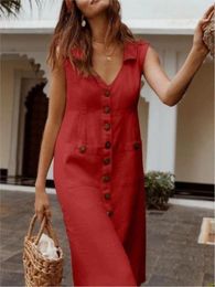 Casual Dresses Summer Fashion Women's Buttons Tank 2024 Boho Style V-Neck Solid Colour Sleeveless Pockets Midi Dress