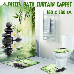 Shower Curtains Curtain Bathroom Decoration 3D Bamboo Running Water Green Toilet Cover Mat Non-Slip Set