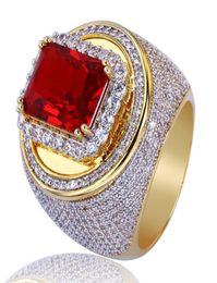 Men Gold Colour Hip Hop Rings Micro Pave Big Red CZ Stone All Iced Out Bling Rings for Male Female Jewelry2981133