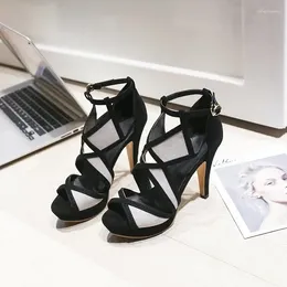 Dress Shoes 2024 Summer Fashionable Open Toe Colour Block Hollow Sexy Thick Bottom One Line Buckle High Heel Large Women's Sandals