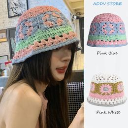 Y2k Knitted Hooked Flower Openwork Fisherman Hat Maiden Knitted Short Brim Bucket Hat Dome Flower Handmade Sun Hat 240412