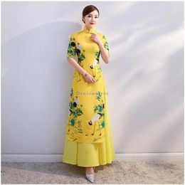 Ethnic Clothing 2024 Vietnam Aodai Improved Qipao Dress High Split Stage Performance Elegant Exquisite Floral Jacquard Ao Dai Vestido