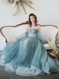 Party Dresses Long Puffy Sleeve Prom Ball Gown Off The Shoulder Sweetheart A Line Tulle Formal Evening Dress With Train For Poshoot