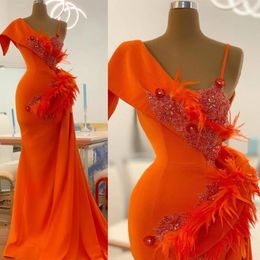 Party Dresses Sexy Orange Mermaid Prom Short Sleeve Floor Length Luxury African Women Feather Formal Evening Gowns