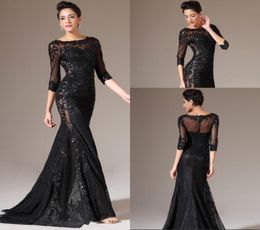 Newest Elegant Mermaid Jewel Black Lace Sweep Train Organza Evening Dresses With Long Sleeve See Through Cheap Long Mother Gowns2783050