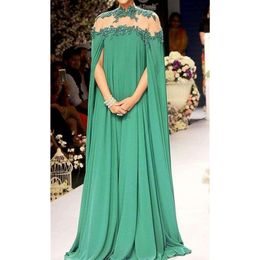 Elegant Arabic Green Long Evening Dresses Cape Sleeves Lace Appliques Illusion High Neck Chiffon Formal Occasion Dress For Women 2024 Sexy Prom Gown