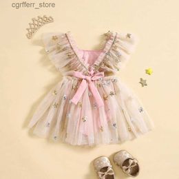 Rompers Listenwind Toddler Girl Romper Dress Square Neck Fly Sleeve Sequin Star Frill Trim Mesh Jumpsuit Infant Baby Girl Clothes L410