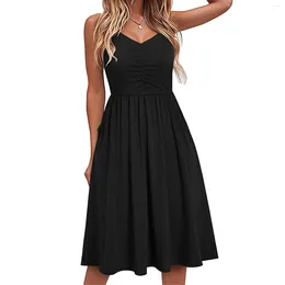 Casual Dresses Summer Spaghrtti Strap Midi Dress For Women V-Neck Sleeveless Slim Waist Knee-Length Female A-Line Backless