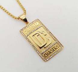Hip Hop rock stainless steel rhinestones Dream Chaser pendant necklace mens fashion Gold Colour DC necklace Jewellery Y12205125356