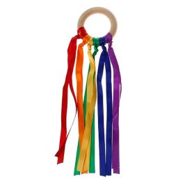 Rainbow Hand Kites Wood Ring Ribbon Streamer Runner Toys Dancing Ring Sensory Ribbon Wind Wand for Birthday Party Favours Christmas Gift ZZ