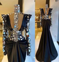 2022 Black Evening Dresses Wear Bling Long Sleeves High Neck Illusion Crystal Beading Satin Mermaid Plus Size Formal Party Dress P2783344