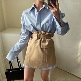 Work Dresses Korean Style Women Simple Loose Mid-length Long-sleeved Shirt High Waist Wraparound A-line Short Skirt Two-piece Set