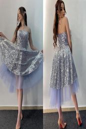 Sparkling Sequins Tulle Tiered Homecoming Dresses Strapless Zipper Back Short Prom Party Bride Formal Cocktail Party Dresses V804365843