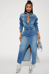 Casual Dresses Blue Denim Maxi Dress Sexy Women Turn Down Collar Elegant Jeans Split