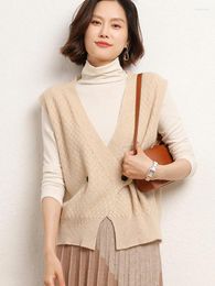 Women's Knits Spring Sleeveless Cardigan Merino Wool Sweater V-neck Solid Casual Waistcoat Knitwear Korean Clothing