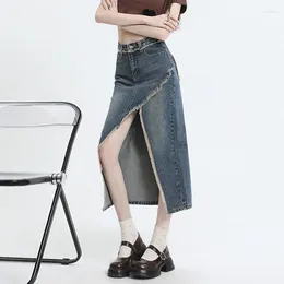 Skirts Women's Summer High Waist Irregular Mid Length A-Line Ragged Edge Split Denim Skirt Retro Casual Half Body Wrapped Hip