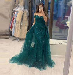 Elegant Party Peacock green Mermaid Lace Evening Dresses sweetheart Off The Shoulder Prom Gown Detachable Train 2 in 1 Long Dress