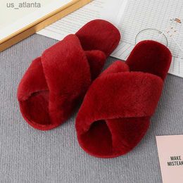 Slippers Winter slider womens fashionable cross fluffy fur household platform flat floor flap shoes 2024 H240416 L8YB