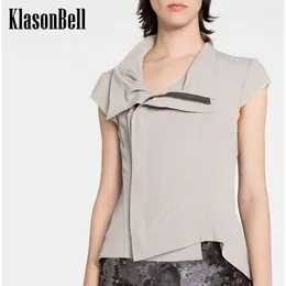 Women's T Shirts 3.18 KlasonBell 2024 Solid All-match Asymmetrical Dovetail Spliced Tee Women Turn-down Collar Zipper Short Sleeve T-Shirt