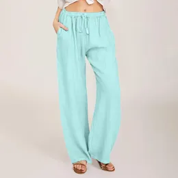 Women's Pants Women Solid Cotton Linen Drawstring Elastic Waist Loose Casual Long Comfortable Breathable Trousers
