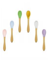 Baby Spoon Silicone Tableware Infant Auxiliary Dinnerware Boys Wooden Handle Kids Training Spoons Household Kitchen Accessories VT5557233