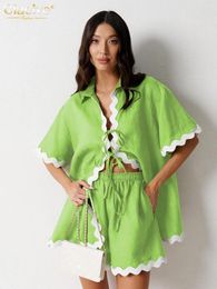 Women's Tracksuits Clacivee Casual Loose Green Cotton Ruffle 2 Piece Sets Women Outfit 2024 Summer Short Sleeve Shirt With High Waist Shorts