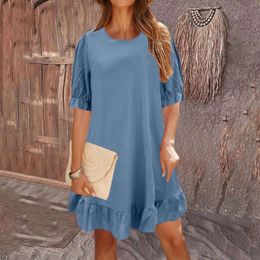 Casual Dresses For Women 2024 Fashion Solid Retro Cotton And Linen Mid Sleeve Round Summer Plus Size