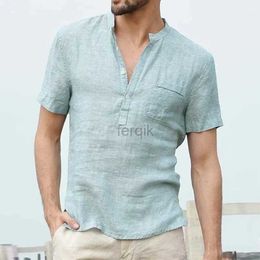 Men's Casual Shirts Summer Short-Sleeved Linen Mens Hip Pop T-Shirt with Stand-Up Collar Soild Shirt Buiness Top 24416
