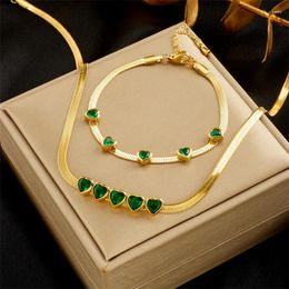 Necklace Earrings Set 316L Stainless Steel Retro Green Color Heart Zircon Accessory Snake Bone Bracelet Wedding Jewelry