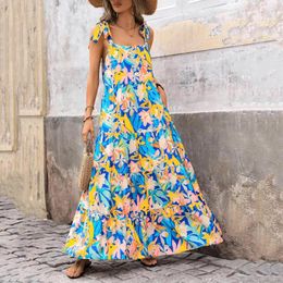 Casual Dresses Straps Backless Long Dress Women Summer Boho Style Loose Sleeveless Square Collar Maxi Female Holiday Printed