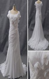 Modest Short Sleeve Wedding Dress Sheath Square Neckline Ruched 3D Flowers Beaded Court Train DB339018800