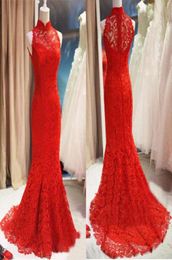 2019 Chinese Red Lace Evening Dresses Mermaid High Collar Formal Dress Long Party Prom Gowns Sheer Back Vestidos3006288