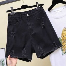 Fat Mm Summer 2024 Plus Size Womens Wear Perforated Elastic High Waist Denim Shorts Loose A-line Pants