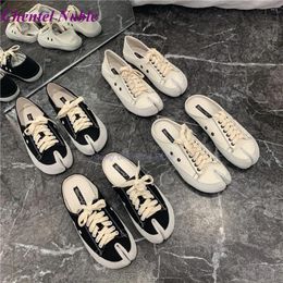 Casual Shoes Flat Canvas Niche Toe Daily 2024 Arrival Single Spring Round Black White Unique Lace Slipper