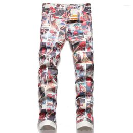 Men's Jeans Fashion Digital Printed Slim Straight Floral Denim Pants Streetwear Youth Stretchy Casual Small Feet Trousers