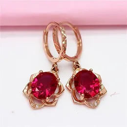 Dangle Earrings Fashion 585 Purple Gold Plated 14K Rose Inlaid Ruby Flower For Women Luxury Dinner Party Wedding Jewellery Gift