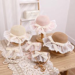 Wide Brim Hats Baby Girls Straw Hat And Shoulder Bag Set Summer Fashion Beach Bucket Cap Parent-Child Lace Holiday Sun