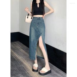 Skirts Retro Jeans Split For Women Pocket Mid-calf High Waist Denim Skirt A-line Korean Fashion Office Lady 2024 Summer